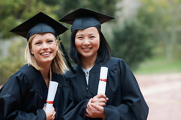 Image showing Graduation, campus or portrait of women with education, future goal or studying for opportunity. Friends, smile or happy college graduate with success, certified achievement or university scholarship