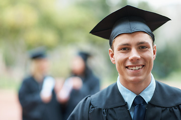 Image showing Graduation, campus or portrait of happy man with education, future goals or studying for opportunity. Pride, smile or college graduate with success, certified achievement or university scholarship