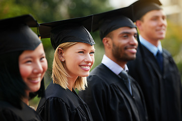 Image showing Graduation, face and woman student in row with friends for university or college ceremony outdoor. Education, scholarship and success with happy young person on campus for achievement or celebration