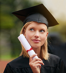 Image showing Graduation, certificate and vision with student woman outdoor on campus for university or college event. Future, planning and thinking with young graduate at school for education or scholarship