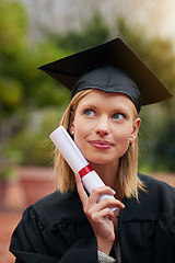 Image showing Graduation, certificate and future with student woman outdoor on campus for university or college event. Thinking, planning and vision with young graduate at school for education or scholarship