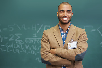 Image showing Teacher, portrait and chalk board for math class or education learning or professor, university or confidence. Male person, lecturer and face at USA college or studying numbers, equations or geometry