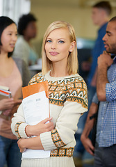 Image showing Student, portrait and university lecture or paperwork in college building or studying, academic or development. Female person, face and confidence on academy in USA campus or project, exam or test