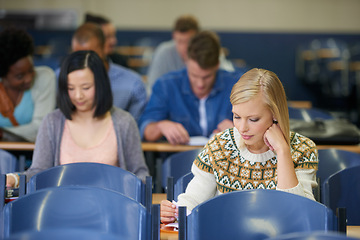 Image showing University, class and students writing in lecture, hall and learning with notes on course or education. College, campus and people study for test in school and reading project, research or knowledge