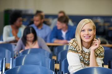 Image showing University, students and happy portrait in classroom and learning in course lecture for education. College, campus and people studying for test in school and reading project, research or knowledge