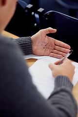 Image showing Hand, test and cheating with answer for math exam in classroom for equations, geometry or education. Student, palm and formula note or paperwork for study assessment or university, secret or lying