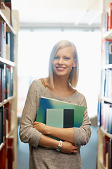 Image showing Woman, library and books, portrait for education and knowledge with smile on campus. College student, bookstore and reading material for learning, happy with university and academic development