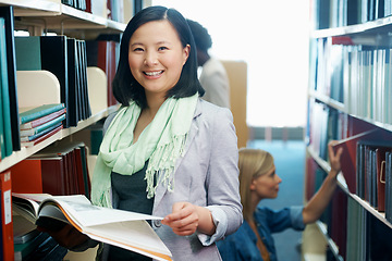 Image showing Woman, portrait and smile with book in library or studying for university education, scholarship or knowledge. Asian person, face and reading at college in Korea or project test, revision or academic