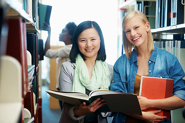 Image showing Woman, friends and portrait or book in library or studying for university education, scholarship or knowledge. Female people, face and reading at USA college or literature test, revision or academic