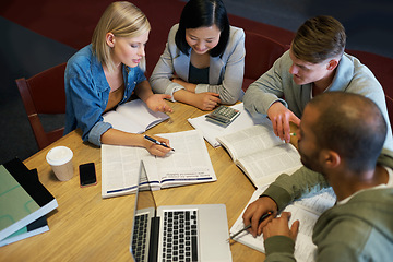 Image showing Students, friends and studying with teamwork or research project for education, scholarship or collaboration. Men, woman and diversity with laptop or calculator for math exam, literature or Canada