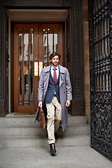 Image showing Leaving work, business and man with professional, startup and employee with lawyer and legal aid. Person in front of office door or advocate with schedule or building in New York city with confidence