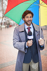 Image showing Weather, man and reporting on rain, umbrella and journalism with media and anchor. Presenter, meteorology and person with microphone and professional in New York city with info and breaking news