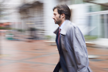 Image showing Employee, rush and stress in city for work in corporate company, late for meeting and overcoat. Businessman, outdoor and rush in town in suit to be professional for New York office and urban
