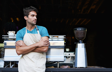 Image showing Relax, waiter and man in coffee shop with machine, grinder and small business owner in hospitality. Service, cafe and barista in restaurant with arms crossed, waiting and entrepreneur in store.