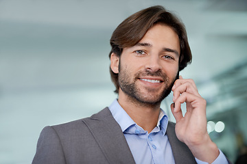 Image showing Businessman, portrait and phone call for networking in office, communication and app for conversation. Male person, negotiation and connection for opportunity in career, talking and b2b for planning