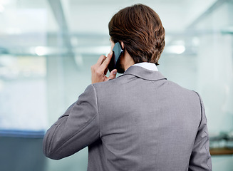 Image showing Businessman, planning and phone call for networking in office, communication and app for conversation. Male person, negotiation and connection for opportunity, talking and back for speaking at work