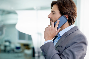 Image showing Businessman, deal and phone call for networking in office, communication and app for conversation. Male person, negotiation and connection for opportunity in career, talking and b2b for planning