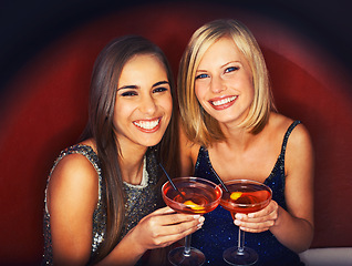 Image showing Smile, cocktails and portrait of women at event for party, bonding or happy hour together. Happy, confidence and young female friends with alcohol drinks at night club for celebration and fun.