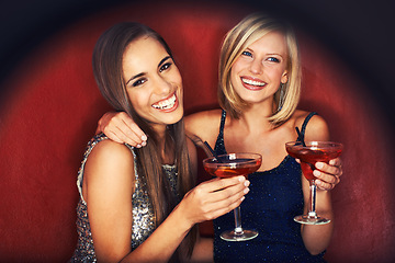 Image showing Happy, cocktails and portrait of women at event for party, bonding or happy hour together. Smile, confidence and young female friends with alcohol drinks at night club for celebration and fun.