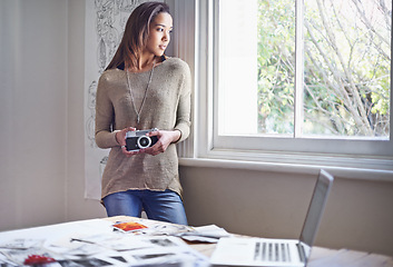 Image showing Woman, photographer and vintage camera or thinking for creative images in portfolio or art project, proposal or career. Female person, equipment and pictures with laptop for retro, hobby or prints