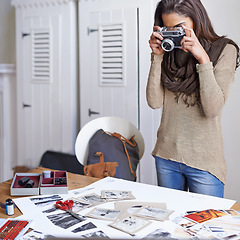 Image showing Woman, photographer and film camera for picture of images in portfolio for concept board, creative or photoshoot. Female person, equipment and snap shot in studio for art career, catalog or hobby