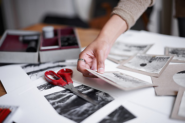 Image showing Person, hand and photographs on desk for creative project or art proposal with image prints for hobby, career or exhibition. Fingers, pictures and decision or black and white, vintage or film roll