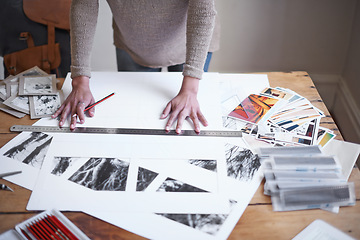 Image showing Photographer, hands and drawing on paper at desk with ruler for project in startup above. Business, creative and artist at table with sketch, planning and professional work on portfolio with pencil