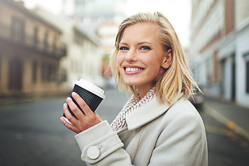 Image showing Happy, travel and face of woman with coffee in city for work commute, walking and journey in street. Business, fashion and person with beverage, drink and cappuccino for adventure in urban town