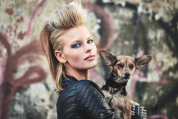 Image showing Dog, portrait and punk woman in fashion by graffiti wall and bonding love with chihuahua in city. London, designer and face for leather clothes in town, unique and care for pet animal by street art