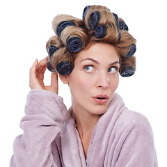 Image showing Woman, studio and hair rollers with robe, excited and model for beauty, idea and thinking. Female person, white background and thrilled for haircare, glow up and wellness in curlers treatment