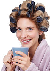 Image showing Portrait, coffee and hair with woman curling in studio isolated on white background for salon treatment. Face, smile and beauty with happy young person in bathrobe for cosmetics, pamper and haircare