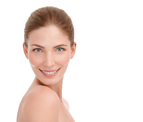Image showing Woman, studio and portrait with facial skincare for glow, cosmetics and healthy by white background. Girl, person or model with skin wellness and shine with change, dermatology or aesthetic mockup
