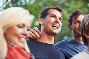 Image showing Outdoor, smile and excited with friends, festival and event with happiness and bonding together. Outside, carnival and men with woman or crowd with fun and joy with celebration or party with sunshine