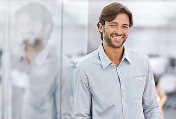 Image showing Businessman, portrait and smile in office building with confidence attorney for client trust, opportunity or career. Male person, face and corporate professional or Canada job, company or employee