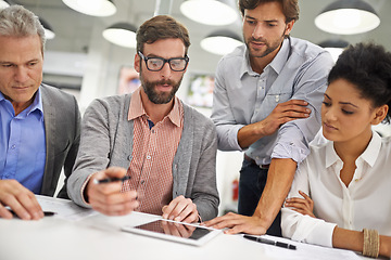 Image showing Business people, meeting and tablet in teamwork for planning, discussion or collaboration at office. Group of employees with technology for project plan, ideas or brainstorming strategy at workplace