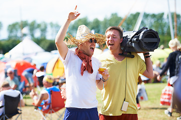 Image showing Holiday, radio or friends at outdoor music festival, concert or party for listening to song for freedom. Singing, sound track audio or happy people with beer at carnival event on vacation celebration