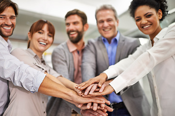 Image showing Portrait, collaboration and business people with hands in huddle at office for meeting, motivation or support. Smile, goals and target with happy employee team in workplace for celebration of bonus