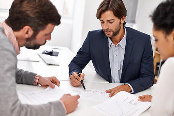 Image showing Business people, finance and meeting with documents for budget, profit or corporate statistics at office. Group of employees in discussion with paperwork or financial report for growth or revenue