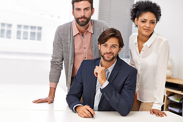 Image showing Team, diversity or business people in portrait with confidence, friendly or commitment at work. Accounting, staff and happy face for collaboration for support, solidarity and smile in office by table