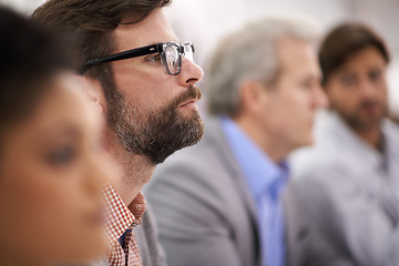 Image showing Group, businessman and people in row as panel, decision and thinking in forum in corporate convention. Human resources, staff and idea for problem solving in workshop, choice and listening in seminar