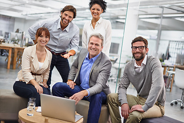 Image showing Businesspeople, portrait and laptop for collaboration in office at creative agency for project planning, campaign or proposal. Men, women and smile or together for web teamwork, internet or meeting