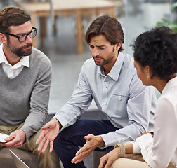 Image showing Diversity, laptop and business people in discussion of corporate project and planning in office. Web developers, communication and collaboration for creative solution and design of company website