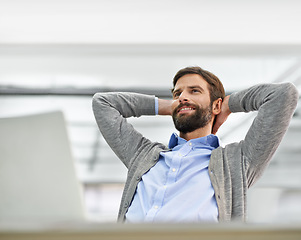 Image showing Relax, rest and business man in office thinking, daydreaming and happy on break at desk. Hands on head, corporate worker and person with computer done for project, working and finish in workplace