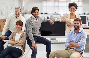 Image showing Modern office, computer and business people in portrait with diversity, confident and technology on table. Web designer, staff and face for collaboration or support and mockup by desktop in workplace