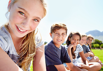 Image showing Children, friends and portrait in nature or relax on academy trip for adventure, learning or summer. Girls, boys and face in park for sunshine or bonding group or class together, outdoor or explore