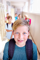 Image showing Boy, friends and portrait in school hallway or backpack or education or learning together or studying, academic or USA. Children, group and face in building or student lessons, development or future