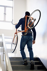 Image showing Bicycle, stairs and man with back carrying bike for healthy and eco friendly transportation for travel. Staircase, carry and cyclist with apartment building, take up and journey of walking steps