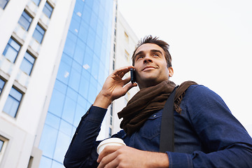 Image showing City, buildings and man with phone call for communication, conversation or networking in Los Angeles. Male person, technology and smile with smartphone, contact and happy in morning from low angle