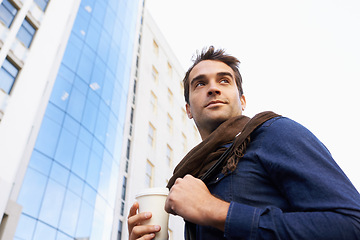 Image showing Walking, thinking and man with coffee, city and ideas with daydreaming and cappuccino with urban town. Person, outdoor and guy with morning tea and latte with buildings and thoughts with sunshine