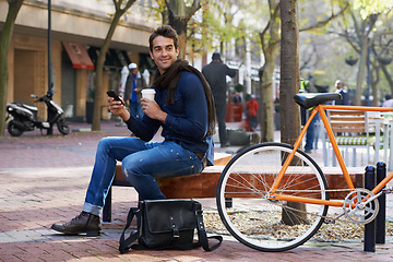 Image showing Man, smartphone and coffee and bike for travel and carbon footprint, communication and cycling outdoor. Eco friendly transport, using phone for location in city for journey with bicycle and drink